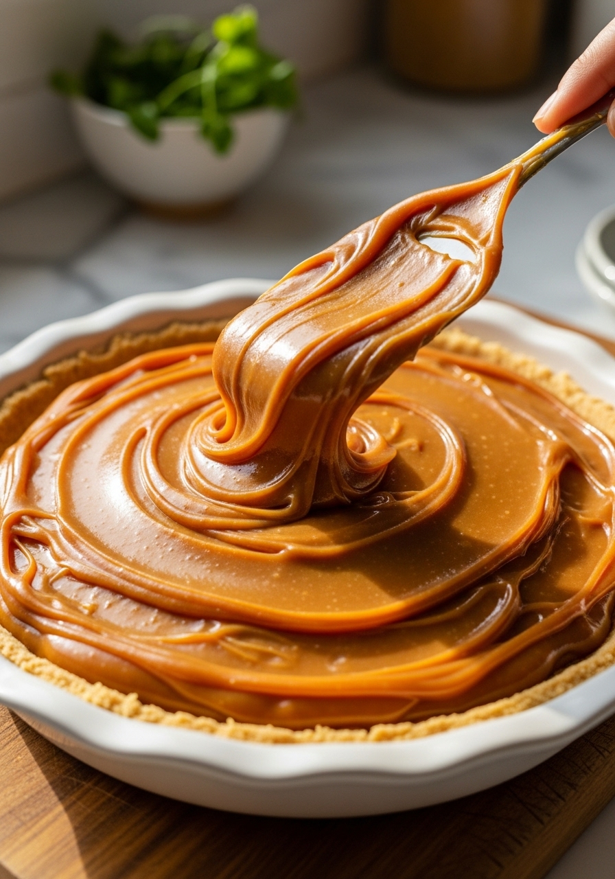 A close-up action shot of a thick, luscious layer of rich, golden-brown homemade toffee being spread evenly over a golden-brown biscuit crust in a minimalist white pie dish. The pie dish is resting on the wooden cutting board, illuminated by natural morning light from an east window, with soft shadows. Marble countertop and a hint of fresh herbs in a ceramic bowl are in the background, with warm tones and a clean presentation. No visible hands.