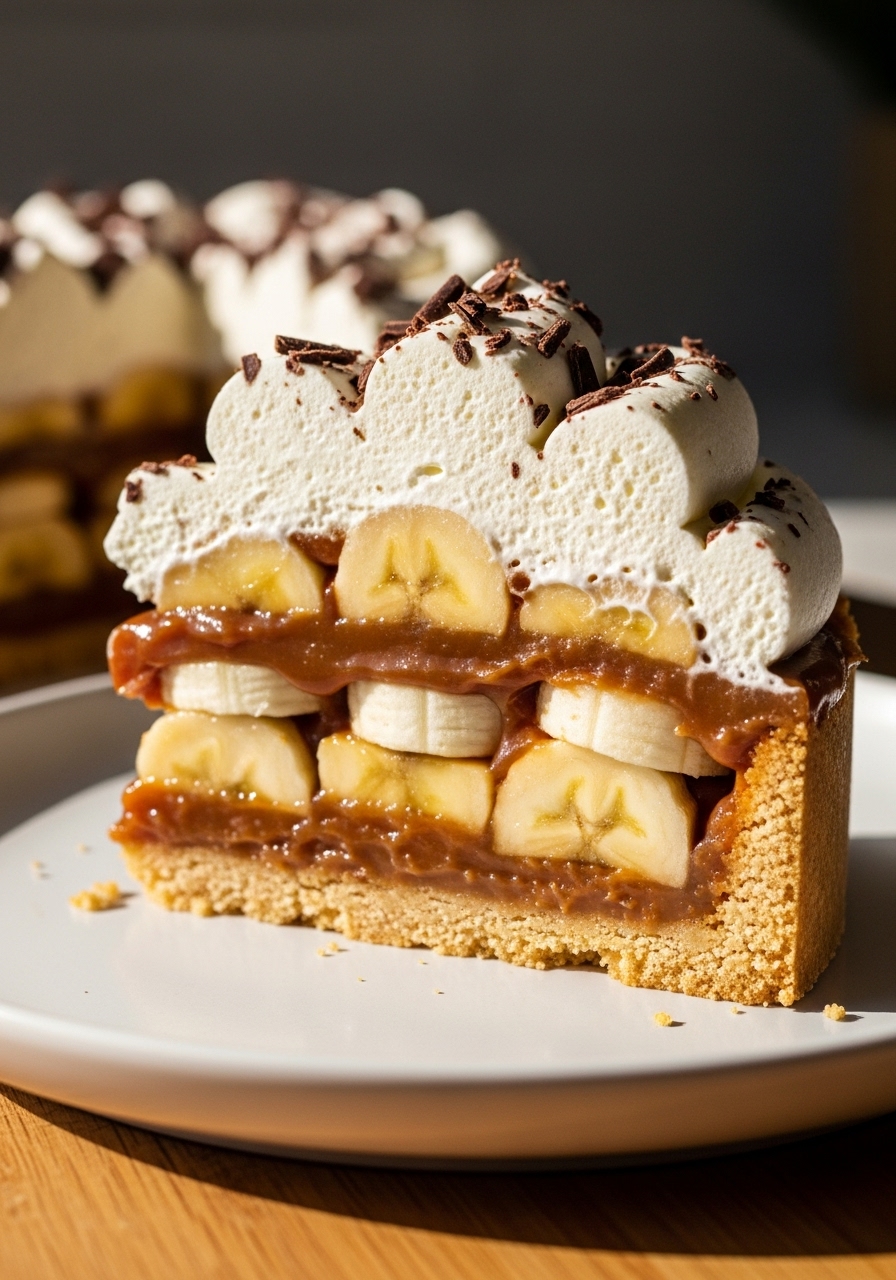 A super close-up detail shot of a perfectly cut slice of Banoffee Pie on a minimalist white plate, focusing on the distinct layers: crunchy golden-brown biscuit crust, smooth, gooey caramel toffee, vibrant, perfectly sliced banana rounds, and a towering swirl of fluffy whipped cream with delicate dark chocolate shavings on top. The textures are incredibly appealing. Shot with soft natural morning light, on the wooden cutting board, with warm tones and soft shadows, no visible hands.