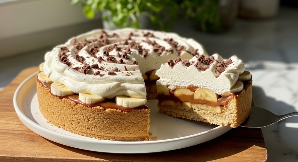 A mouth-watering, perfectly crafted Banoffee Pie, featuring a golden-brown biscuit crust, rich toffee, fresh banana slices, and a generous topping of fluffy whipped cream with chocolate shavings. A slice is neatly removed from the pie, revealing the delicious layers. The pie rests on a minimalist white plate on the wooden cutting board, bathed in natural morning light from an east window. Soft shadows enhance the warm tones of the marble countertops, with fresh herbs subtly visible in the background, clean and tidy presentation, no visible hands.