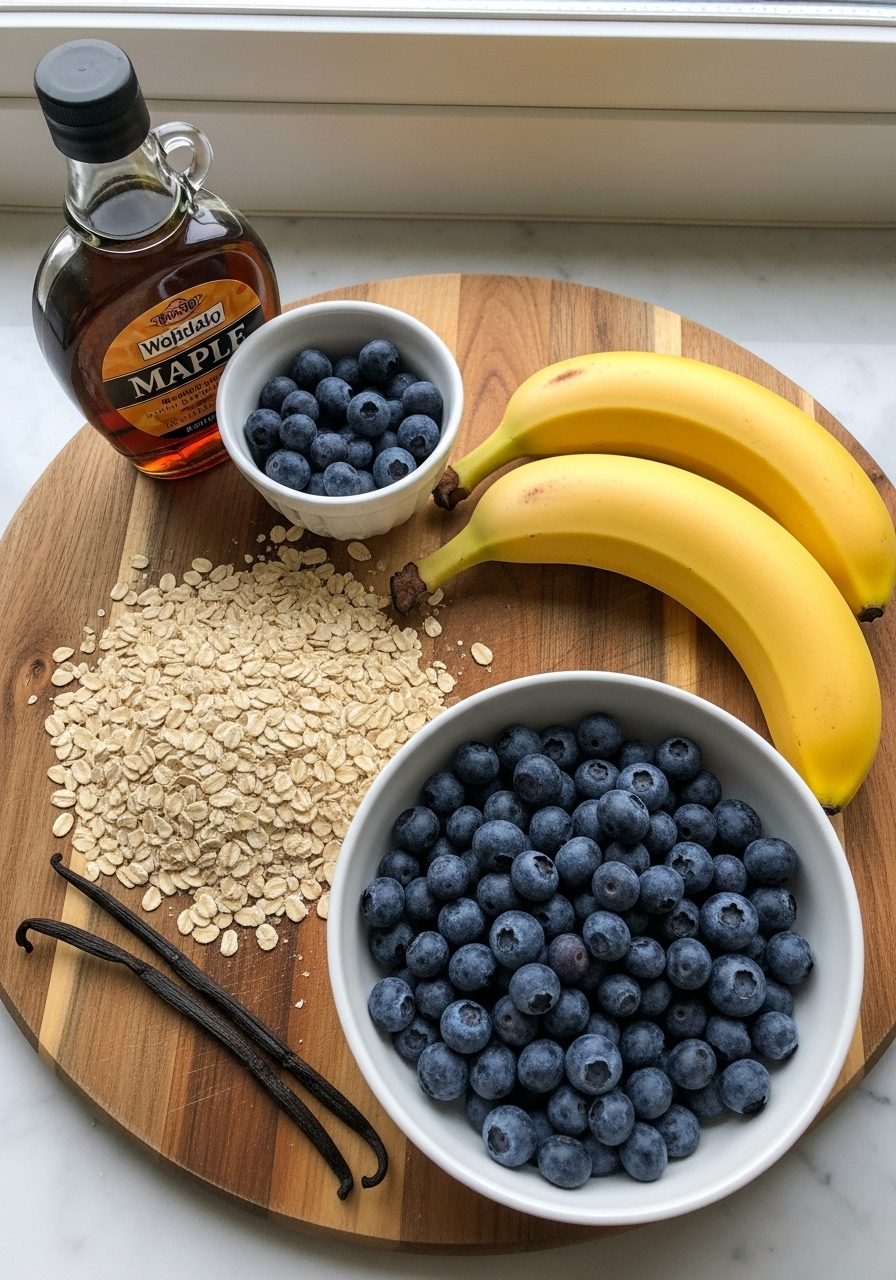 A beautifully arranged flat lay of key ingredients for Baked Oatmeal with Blueberries and Bananas: a pile of old-fashioned rolled oats, a bowl of fresh, plump blueberries, perfectly ripe bananas, a bottle of maple syrup, and a vanilla bean. All are artfully placed on the same wooden cutting board, bathed in natural morning light from an east window, with a hint of marble countertop. No hands.