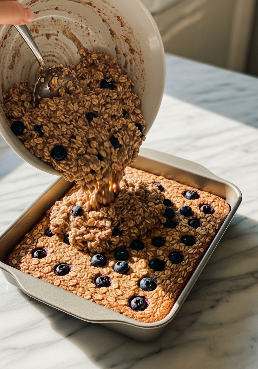 An action shot of the blueberry banana baked oatmeal mixture being poured from a minimalist ceramic bowl into a greased 8x8 inch baking dish, showing the texture of the oats and the scattered blueberries. The scene is set on marble countertops under natural morning light, with soft shadows and warm tones, implying a clean and tidy kitchen. No hands.