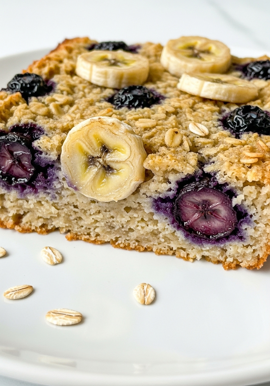 A close-up detail shot of the finished Baked Oatmeal with Blueberries and Bananas, showcasing the golden-brown crust, the soft texture of the baked oats, and the vibrant burst of cooked blueberries and tender banana slices. A few scattered oats are visible on the minimalist white plate, implying a delicious, homemade feel, all bathed in natural morning light. No hands.