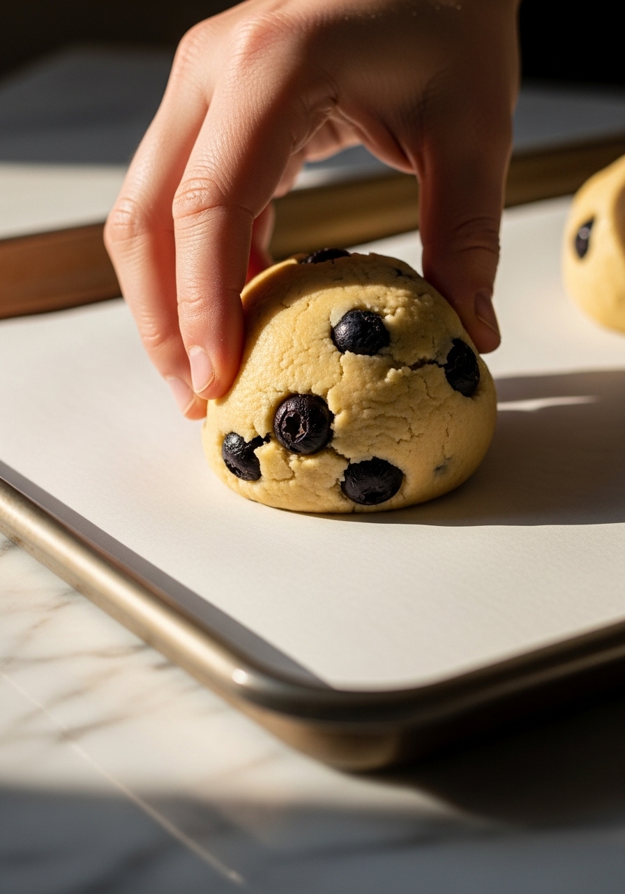 A close-up action shot of a crucial baking step: a round, unbaked Soft Blueberry Cookie dough ball being gently placed on a baking sheet lined with parchment paper. Visible plump blueberries are peeking from the dough. The scene is set on marble countertops with warm, natural morning light, capturing the anticipation of baking. Soft shadows enhance the texture. NO HANDS.
