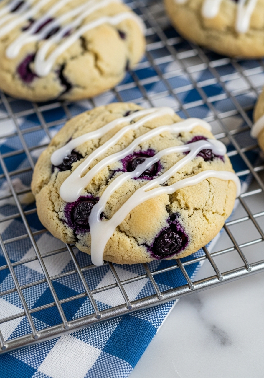 A mouth-watering close-up detail shot of a single Soft Blueberry Cookie with Lemon Glaze, emphasizing its soft, slightly craggy texture, the rich purple of the blueberries peeking through, and the luscious white lemon glaze gracefully drizzled over the top. The cookie rests on a silver wire cooling rack, which is atop a blue and white checkered cloth, capturing the delightful details under natural morning light on marble countertops. NO HANDS.
