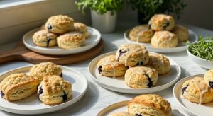 A beautifully arranged spread of golden-brown Blueberry Scones with Lemon Glaze on minimalist white plates, placed on marble countertops with wooden accents. Natural morning light streams in from an east window, casting soft shadows. Fresh herbs are visible in the background, adding a touch of vibrant green. The scene is clean, tidy, and exudes warmth, with no hands visible, emphasizing the deliciousness and homemade appeal of the scones.