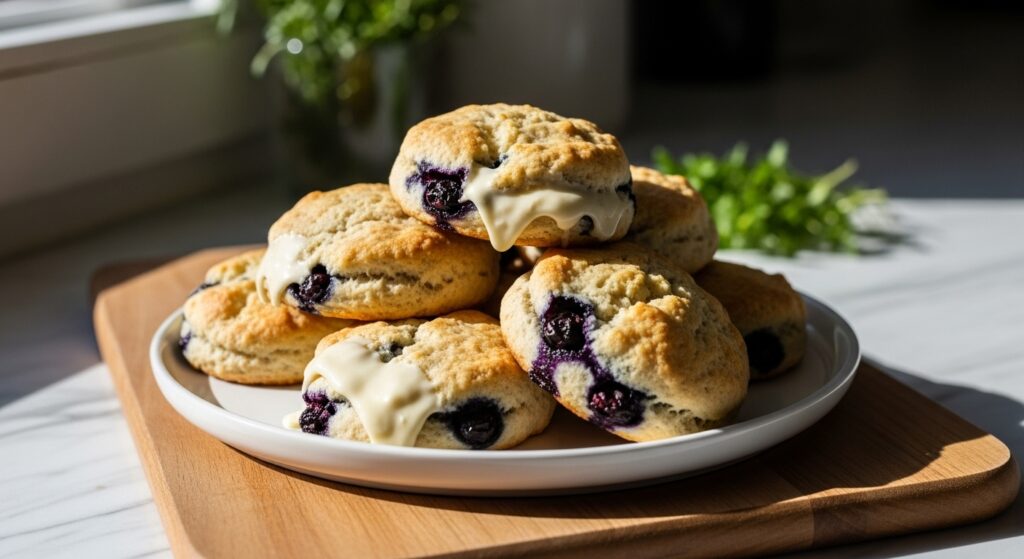 Mouth-watering golden brown blueberry white chocolate scones piled high on a minimalist white plate, set on a wooden cutting board against a marble countertop. Gentle natural morning light streams in from the east window, highlighting the melted white chocolate and juicy blueberries. Fresh herbs are visible in the background, adding a touch of vibrant green. The scene is clean, tidy, and exudes warm tones with soft shadows.