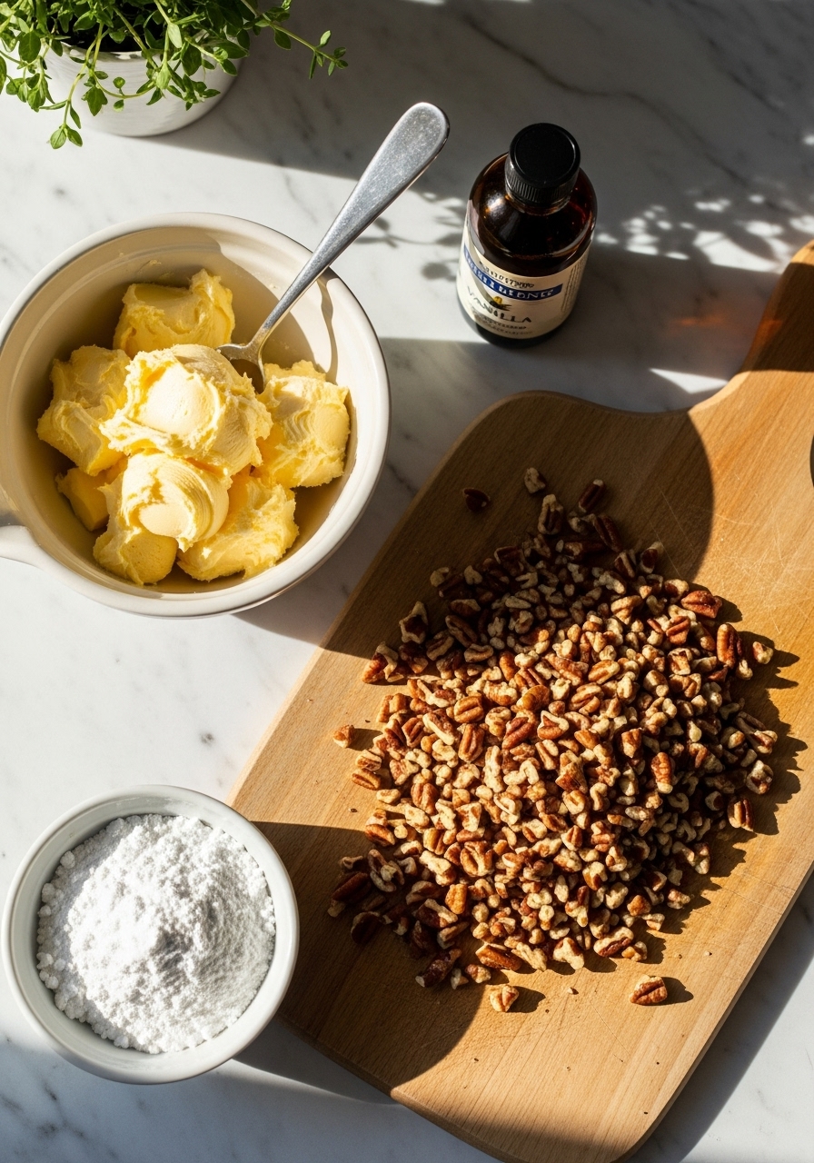 A delightful 3:4 overhead shot showcasing the key ingredients for buttery pecan snowball cookies: softened unsalted butter in a ceramic bowl, a pile of finely chopped toasted pecans on the wooden cutting board, a small bowl of powdered sugar, and a bottle of vanilla extract, all artfully arranged on the marble countertops in natural morning light, creating soft, warm shadows. Fresh herbs are visible in the background.