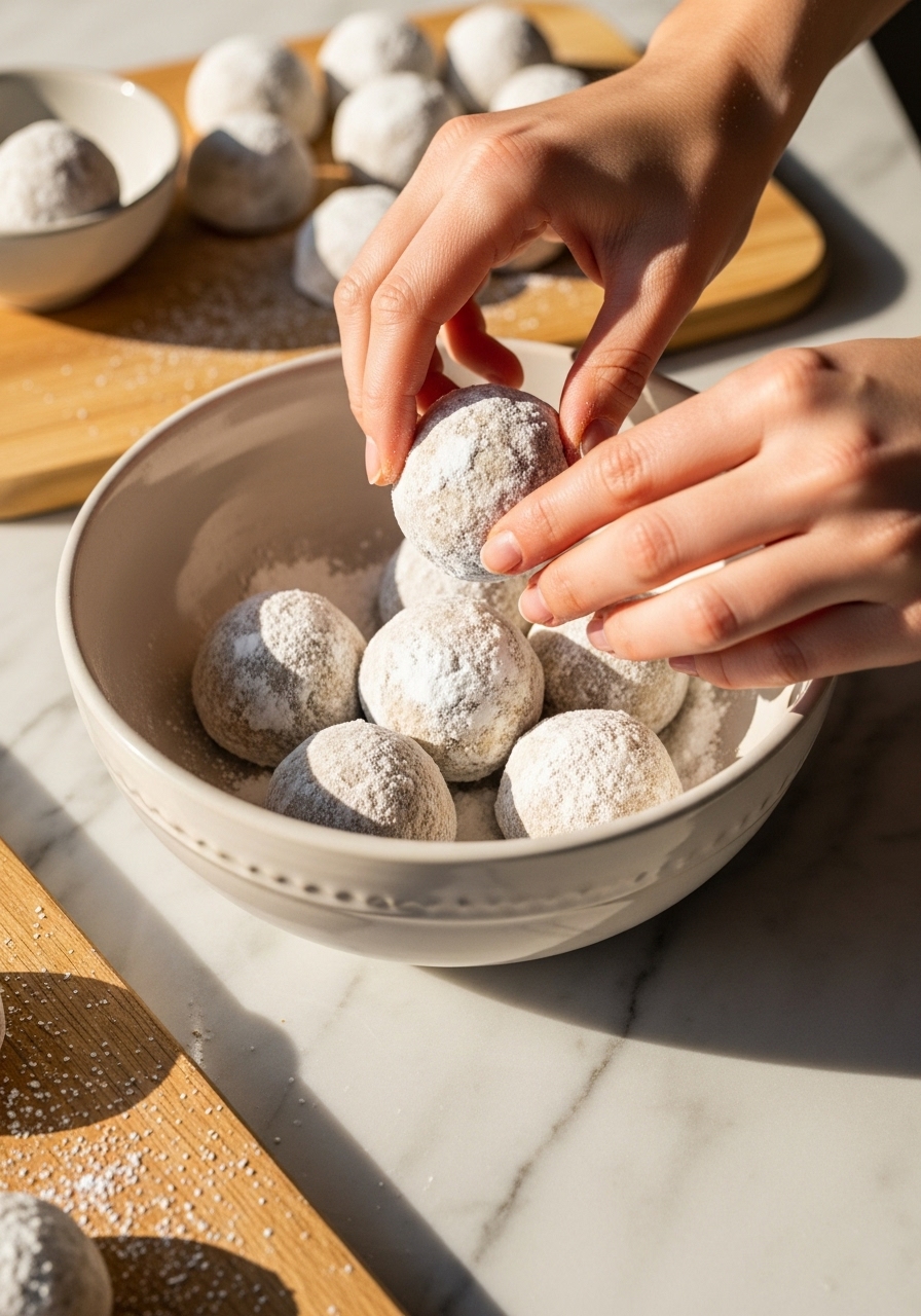 A captivating 3:4 action shot of several freshly baked, still-warm buttery pecan snowball cookies being gently rolled in a ceramic bowl filled with powdered sugar, showing a delicate coating. The scene is on the marble countertops with the wooden cutting board visible, bathed in natural morning light, creating soft, warm shadows. The presentation is clean and tidy, emphasizing the homemade process.