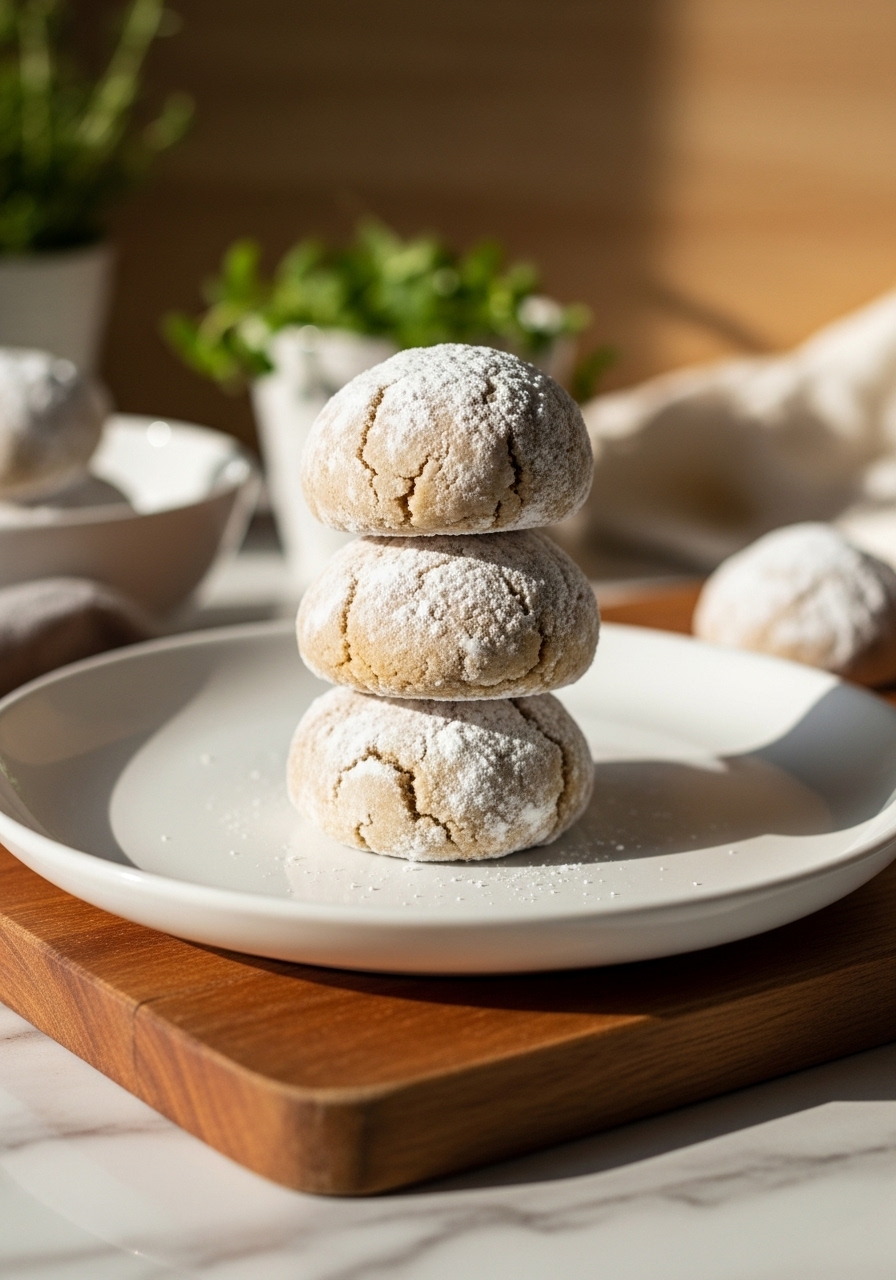 An inviting 3:4 close-up detail shot of a stack of three perfectly finished buttery pecan snowball cookies on a minimalist white plate, highlighting their delicate, crumbly texture and generous powdered sugar coating. The plate rests on the wooden cutting board on marble countertops. Natural morning light creates beautiful soft shadows, and fresh herbs are subtly visible in the warm-toned background, emphasizing the insanely yummy appeal.