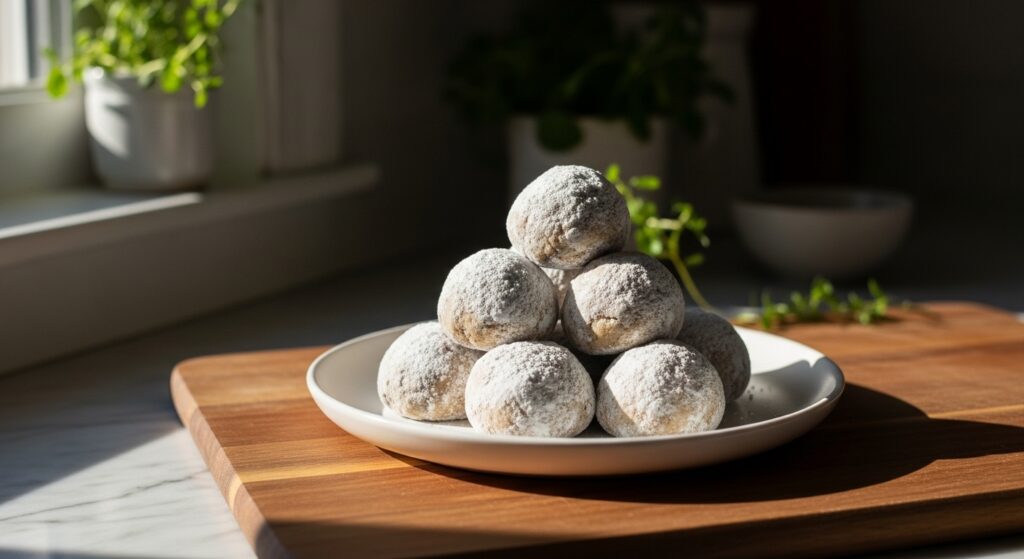 A stunning, beautifully composed 16:9 hero shot of a small pyramid of buttery pecan snowball cookies on a minimalist white plate, positioned on the wooden cutting board against the marble countertops. The scene is bathed in natural morning light from the east window, creating soft shadows. Fresh herbs are visible subtly in the background, adding a touch of green to the warm-toned, clean, and tidy presentation. The cookies are generously dusted with powdered sugar, looking incredibly yummy.