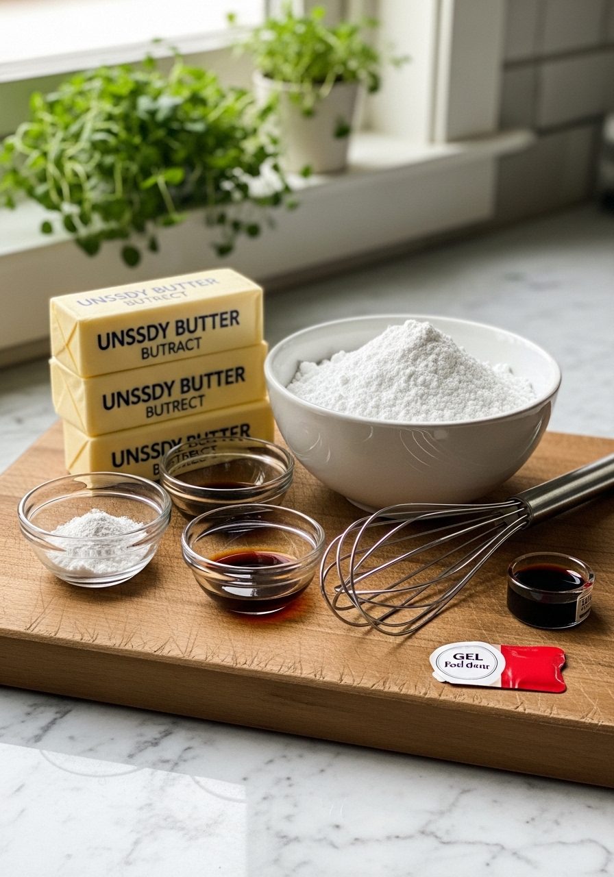 A rustic composition of key ingredients for Candy Cane Cookies: sticks of unsalted butter, a bowl of powdered sugar, peppermint extract, vanilla extract, a whisk, and red gel food coloring, all neatly arranged on the same wooden cutting board on marble countertops. Natural morning light illuminates the scene from an east window, with fresh herbs visible in the soft background. No hands visible.