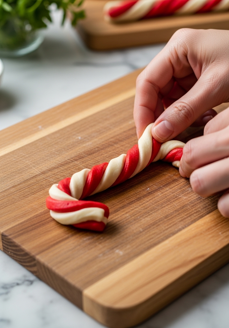 An action shot capturing the delicate process of twisting red and white dough ropes together to form the candy cane shape on the same wooden cutting board. The marble countertop and wood accents are visible. Natural morning light creates gentle highlights, emphasizing the textures of the dough and the neatness of the stripes. Fresh herbs are in the softly blurred background. No hands visible.