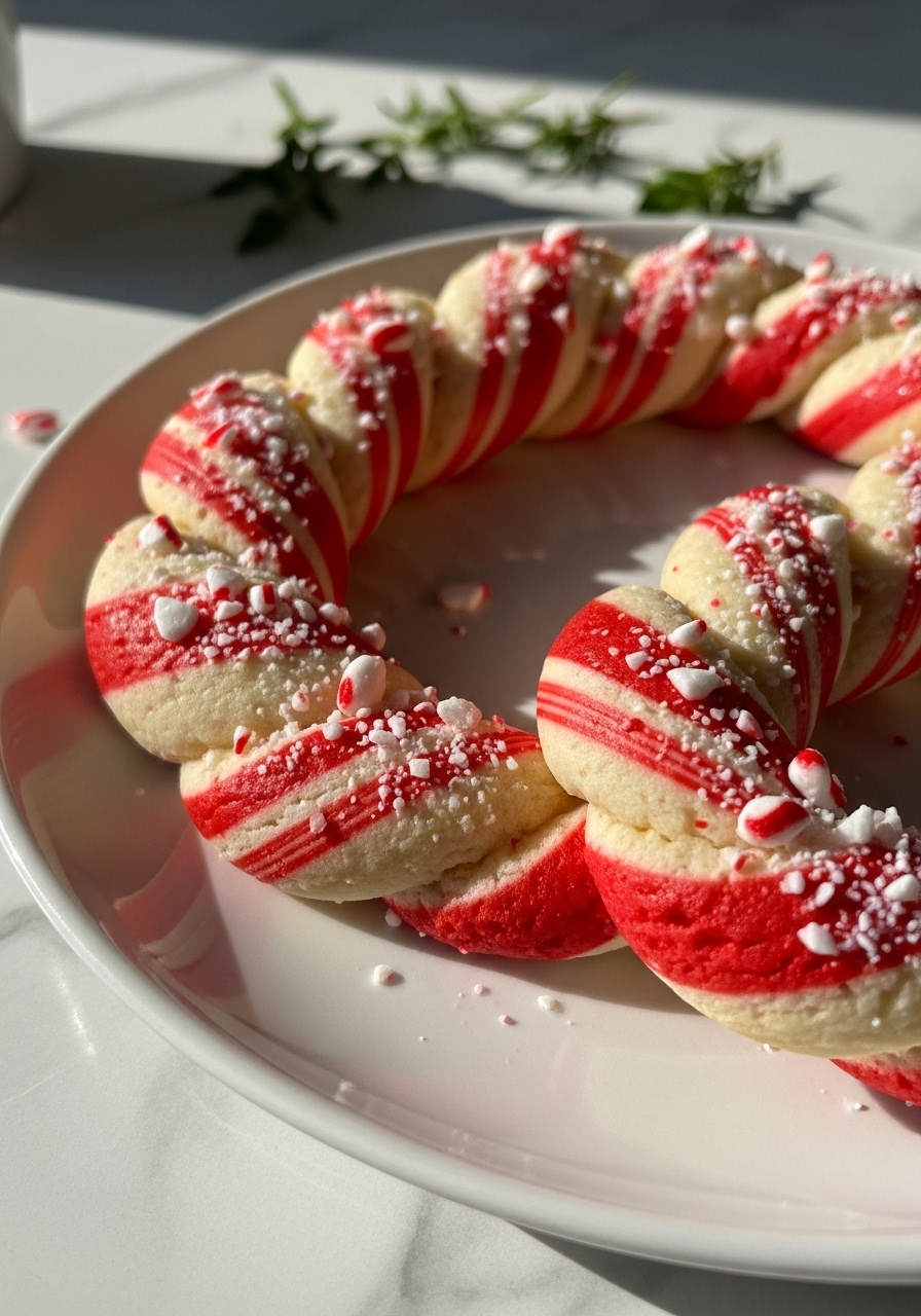 A mouth-watering close-up of a finished Candy Cane Cookie, perfectly twisted with vibrant red and white stripes, adorned with glistening crushed candy canes. It rests on a minimalist white plate on marble countertops, illuminated by warm natural morning light. The focus is on the delicious texture and festive details, with soft shadows and fresh herbs subtly in the background. No hands visible.