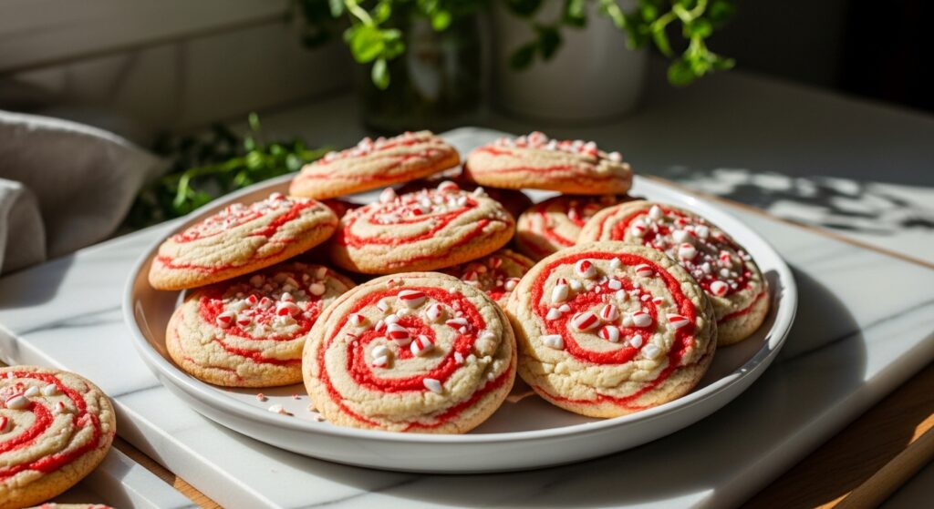 A beautifully arranged platter of freshly baked Candy Cane Cookies on a minimalist white plate, set on marble countertops with wood accents. Natural morning light streams in from an east window, casting soft shadows. Fresh herbs are artfully blurred in the background, creating a warm and inviting atmosphere. The cookies have a lovely red and white swirl and are topped with crushed candy canes, showcasing their delicious appeal. No hands visible.