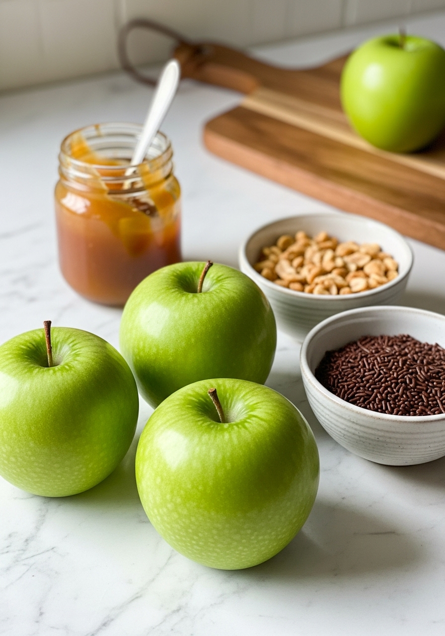 An inviting 3:4 shot of the key ingredients laid out on a clean white marble countertop. Three crisp green Granny Smith apples are front and center, alongside a small ceramic bowl of chopped roasted peanuts and another bowl of chocolate sprinkles. In the background, a small glass jar of extra caramel sauce with a spoon peeks out, all bathed in natural morning light, with the signature wooden cutting board subtly present.