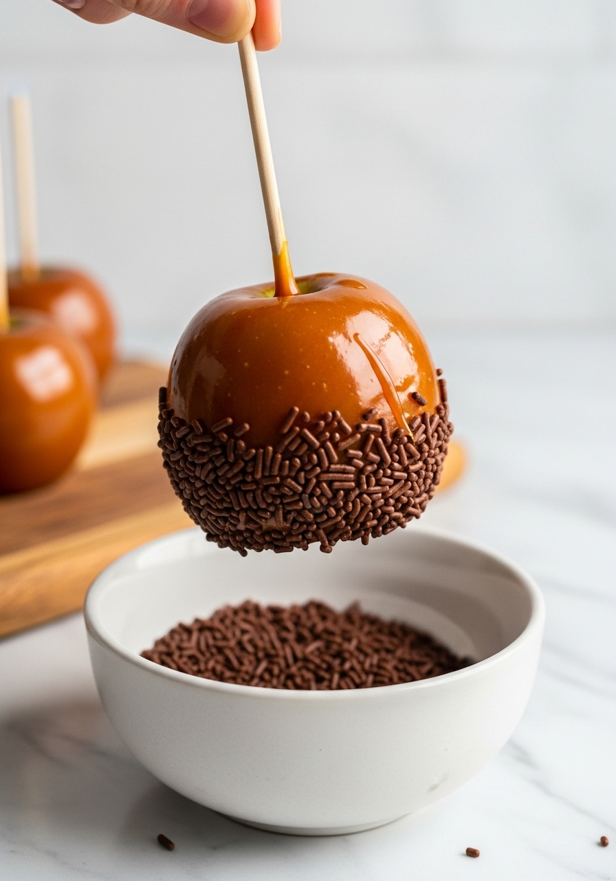 An action-oriented 3:4 shot showing a glossy, homemade caramel apple being gently rolled in a ceramic bowl filled with chocolate sprinkles. The apple is on a sturdy wooden stick, held just above the bowl, with the sprinkles clinging to the rich, warm brown caramel. The scene is set on a white marble countertop with natural morning light, a portion of the wooden cutting board visible in the background, embodying a genuine love for the cooking process.
