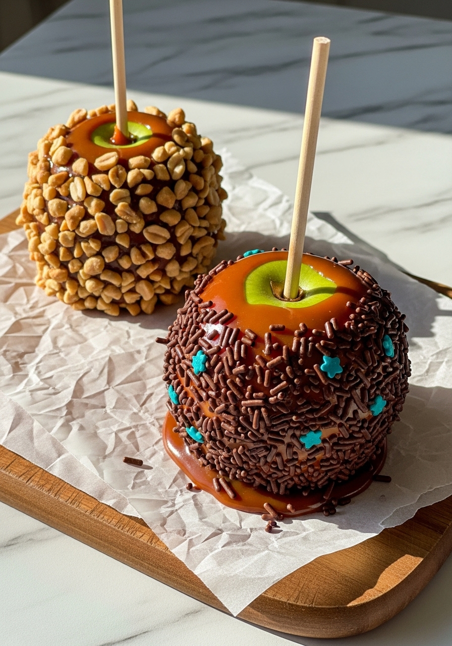 A close-up 3:4 detail shot of two freshly made, mouth-watering homemade caramel apples resting on a piece of parchment paper on the wooden cutting board. One caramel apple is beautifully coated in crunchy peanuts, while the other is adorned with festive chocolate sprinkles. The glossy, rich brown caramel drips slightly at the bottom, highlighting its delicious texture. The scene is illuminated by natural morning light, casting soft, warm shadows on the white marble countertop background.