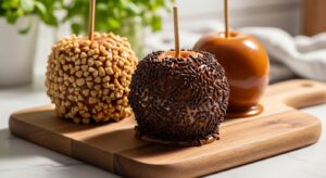 A beautifully composed 16:9 hero shot of three glossy, homemade caramel apples on a wooden cutting board set on a white marble countertop. One apple is covered in chopped peanuts, another in chocolate sprinkles, and the third is plain caramel. Natural morning light casts soft shadows. Fresh green herbs are subtly visible in the soft background, adding to the warm, clean kitchen aesthetic. The caramel is perfectly smooth and rich brown, making the apples look incredibly yummy.