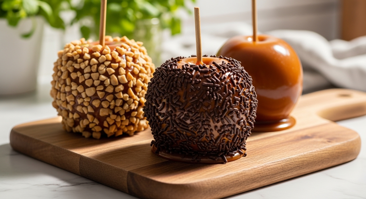 A beautifully composed 16:9 hero shot of three glossy, homemade caramel apples on a wooden cutting board set on a white marble countertop. One apple is covered in chopped peanuts, another in chocolate sprinkles, and the third is plain caramel. Natural morning light casts soft shadows. Fresh green herbs are subtly visible in the soft background, adding to the warm, clean kitchen aesthetic. The caramel is perfectly smooth and rich brown, making the apples look incredibly yummy.