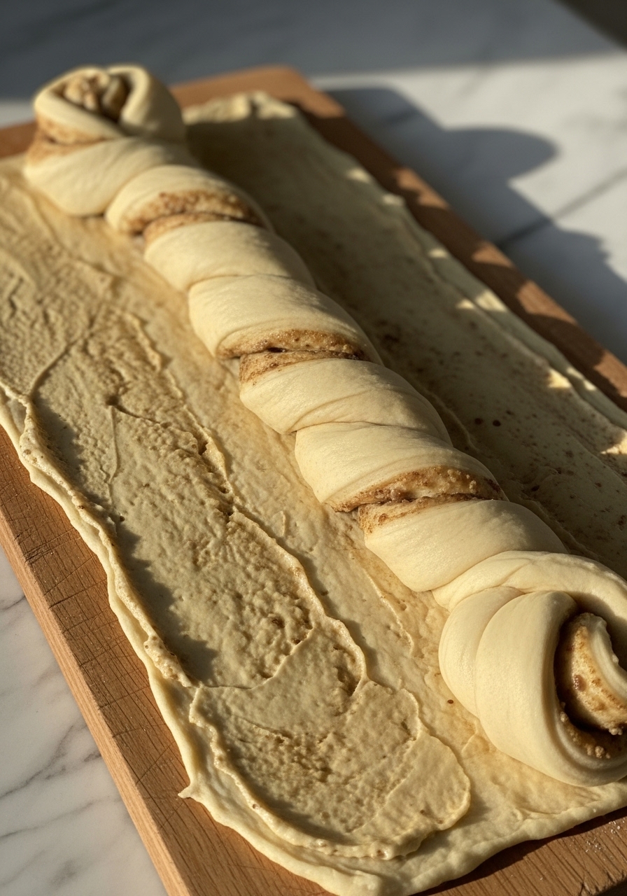 A close-up action shot of a long strip of cardamom bun dough, already spread with filling, being gently twisted and shaped into its signature knot or rose form on a wooden cutting board. The marble countertop is visible, with warm, natural morning light casting soft shadows. No hands.