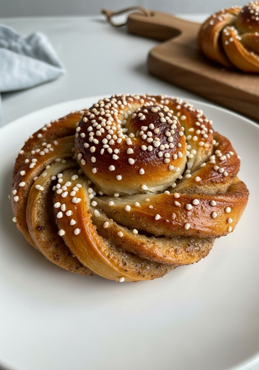 A mouth-watering, very close-up detail shot of a single baked cardamom bun, perfectly golden brown and glistening with melted pearl sugar, showing its intricate swirl and soft, airy texture. It sits on a minimalist white plate, with the edge of the wooden cutting board and a hint of a light blue linen cloth in the softly blurred background, under natural morning light. No hands.