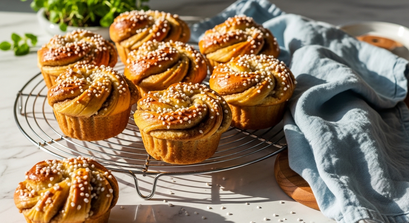 A beautifully arranged shot of several golden brown, pearl sugar-topped cardamom buns, baked in muffin-like shapes with visible swirls, resting on a silver wire cooling rack. A light blue linen cloth is artfully draped nearby. The scene is set on a marble countertop with subtle wood accents, bathed in natural morning light, creating soft shadows and a warm, inviting atmosphere. Fresh herbs are visible in the soft background. No hands.