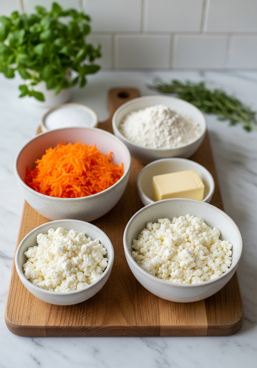 A 3:4 shot of key ingredients for Carrot Cottage Cheese Cookies laid out on the wooden cutting board. This includes a ceramic bowl of finely grated carrots, a small bowl of cottage cheese, a stick of butter, and a bowl of flour, all arranged neatly with fresh herbs subtly in the background under natural morning light on the marble countertops.