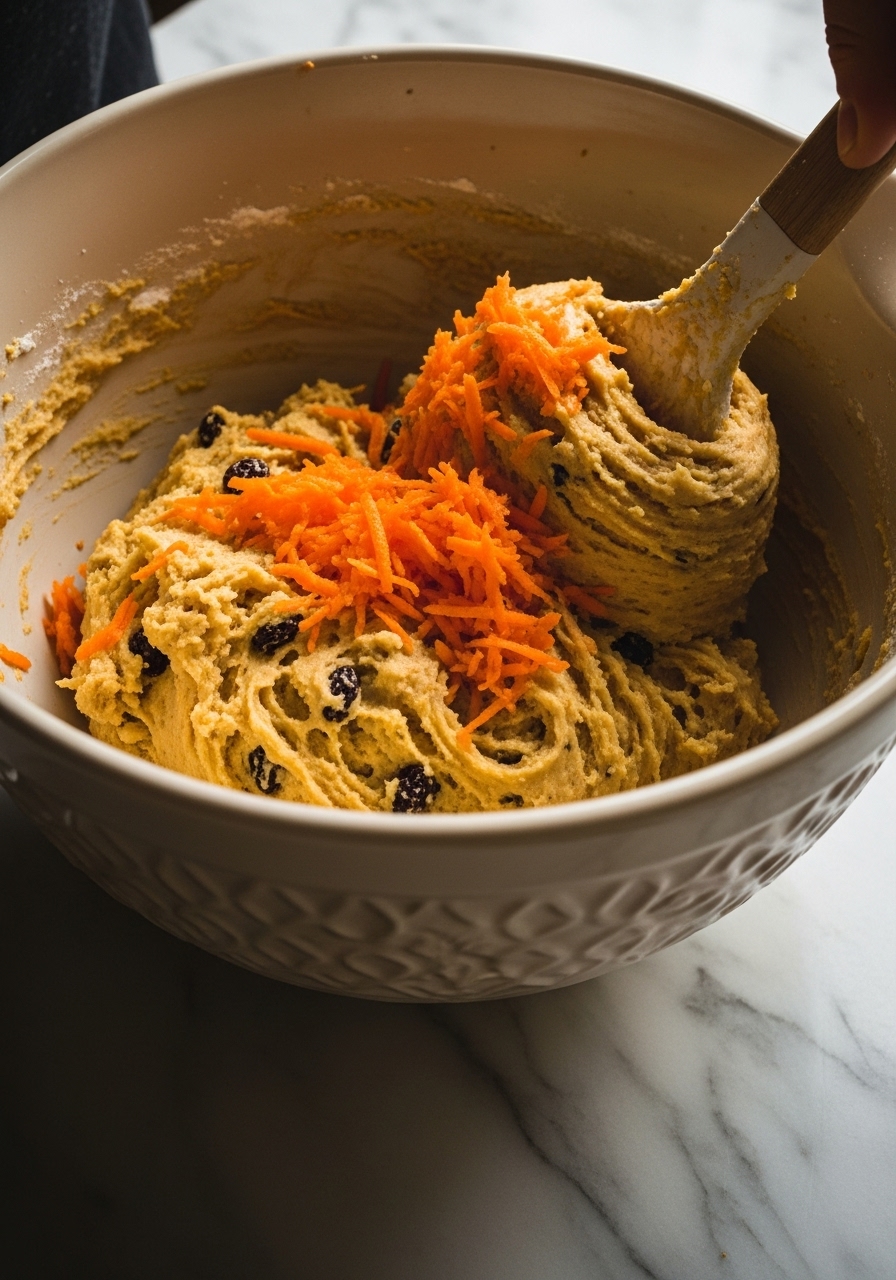 A 3:4 action shot capturing the process of folding the finely grated carrots and dark specks (raisins/nuts) into the cookie dough in a large ceramic mixing bowl, resting on a clean marble countertop under natural morning light. The dough is thick and golden, with soft shadows and warm tones, showcasing a genuine love for the cooking process without showing any hands.
