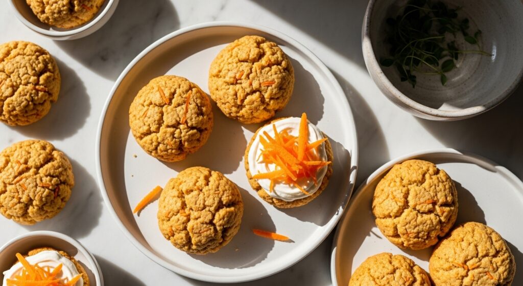 A beautifully composed 16:9 overhead shot of several golden-brown Carrot Cottage Cheese Cookies on a minimalist white ceramic plate, some topped with a dollop of white cream cheese frosting and fine orange carrot shreds. The scene is bathed in natural morning light, casting soft shadows on marble countertops. A ceramic bowl with fresh herbs is visible in the background, adding a fresh touch, within a clean and tidy presentation with warm tones.