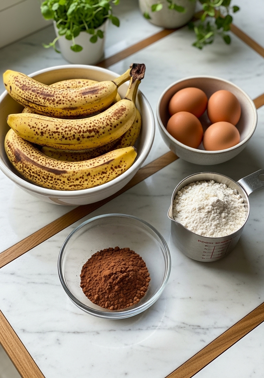 An artistic arrangement of key ingredients for chocolate banana cake: a bowl of very ripe, spotty bananas, a small glass bowl of unsweetened cocoa powder, eggs in a ceramic bowl, and a measuring cup of flour, all neatly arranged on marble countertops with subtle wood accents. Natural morning light casts soft shadows, and fresh herbs are visible in the background. NO HANDS.