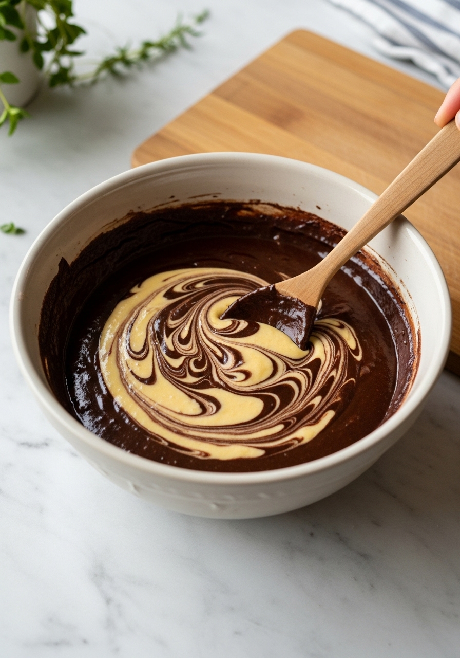A marble countertop scene under natural morning light showing a rich dark chocolate cake batter in a ceramic bowl, with a lighter yellow banana cake batter being gently swirled into it with a wooden spoon, creating a beautiful marbling effect before baking. The wooden cutting board is nearby, and fresh herbs are subtly visible in the background, maintaining a clean and tidy presentation with warm tones. NO HANDS.