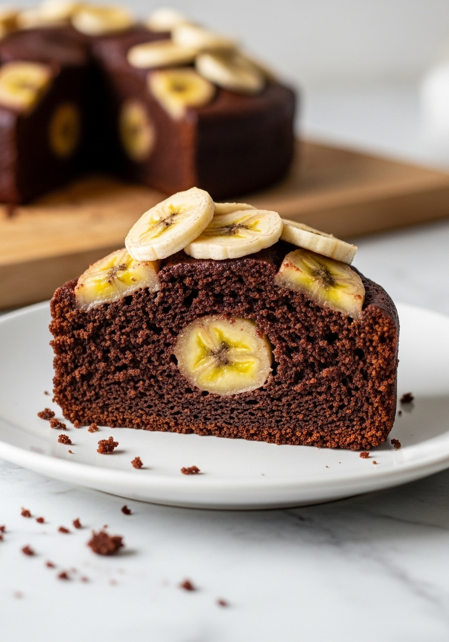 A close-up detail shot of a cut slice of the moist chocolate banana cake, showcasing its rich, dark brown crumb with an inviting lighter yellow banana swirl in the interior, and thinly sliced, slightly browned banana pieces artfully arranged on top. The slice is on a minimalist white plate, with a few tempting crumbs on the marble countertop, bathed in natural morning light. The wooden cutting board is in the soft background, adding to the warm, homemade aesthetic. NO HANDS.