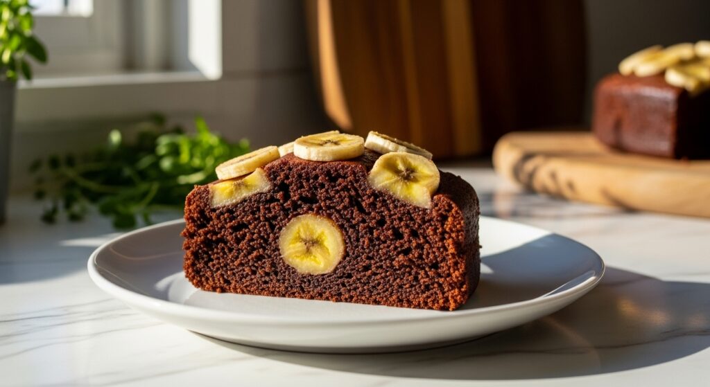 A beautifully plated slice of moist chocolate banana cake, featuring a dark chocolate crumb with a visible lighter, yellowish banana swirl and thinly sliced, slightly browned banana rounds on top. The cake sits on a minimalist white plate, placed on marble countertops, illuminated by soft natural morning light from an east window. Fresh herbs are subtly visible in the soft-focus background, alongside the familiar wooden cutting board, with soft shadows and warm tones creating a clean, tidy, and deliciously appealing scene. NO HANDS.