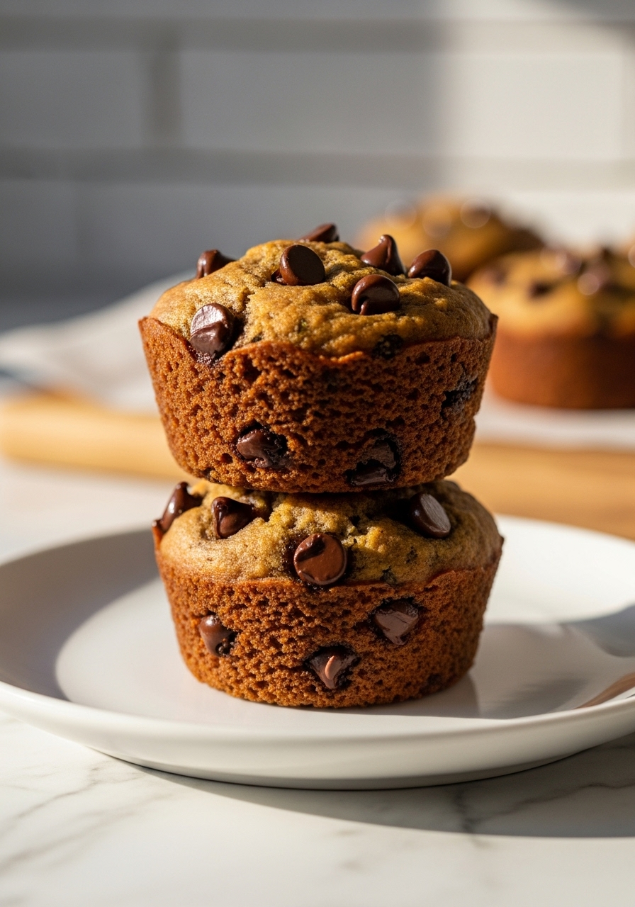A 3:4 close-up detail shot of a stack of two Chocolate Chip Zucchini Bread Minis, showcasing their moist, tender crumb and melted chocolate chips. They are resting on a minimalist white plate, positioned on the marble countertop with a hint of the wooden cutting board in the soft background. Natural morning light creates warm tones and inviting soft shadows.