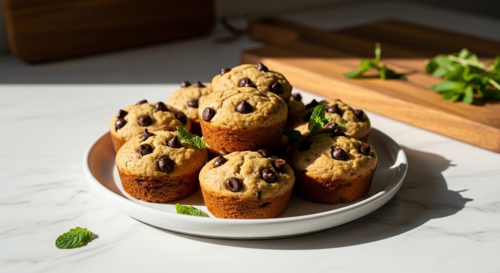 A beautiful 16:9 hero shot of freshly baked, golden brown Chocolate Chip Zucchini Bread Minis, perfectly arranged on a minimalist white plate, with a few fresh mint leaves casually scattered. The scene is bathed in natural morning light from the east window, highlighting the marble countertops and subtle wood accents, with soft shadows and warm tones. A consistent wooden cutting board is visible in the background, along with fresh herbs. The presentation is clean, tidy, and deliciously appealing.