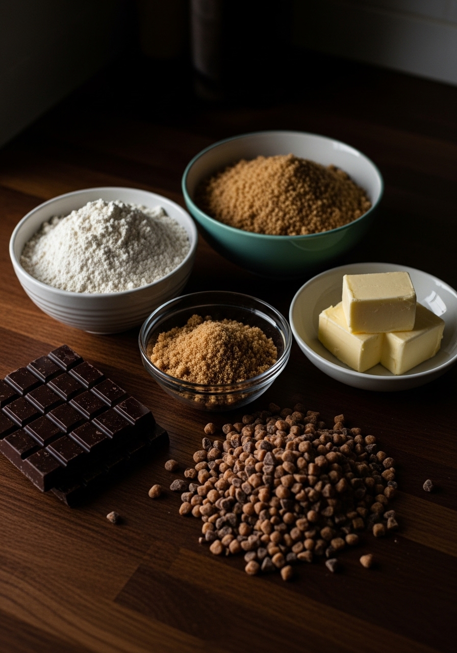A beautifully composed arrangement of raw ingredients for Chocolate Dipped Toffee Cookies on a dark wood countertop. Bowls of flour, brown sugar, butter, and a pile of crunchy toffee bits are visible alongside a block of dark chocolate. Moody, late afternoon light creates deep shadows and rich colors, showcasing the ingredients in their natural, beautiful state, conveying a timeless and artisanal feel. No hands visible.
