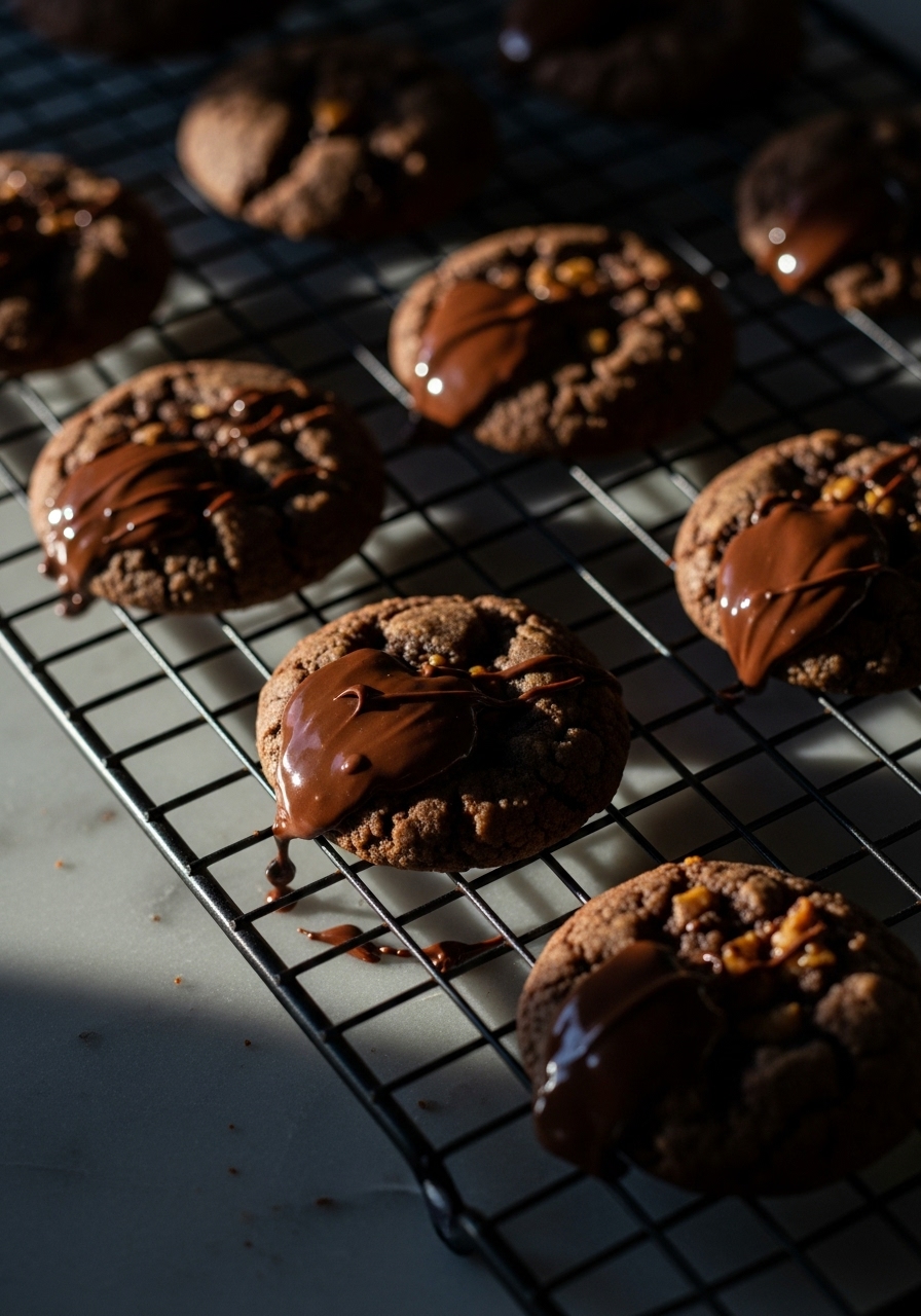 A close-up of a batch of freshly baked Chocolate Dipped Toffee Cookies cooling on a cast iron wire rack set on a soapstone countertop. The cookies have a slightly elegant mess of melted chocolate on them, capturing a moment of preparation. Dramatic shadows and rich colors are prominent, with the scene illuminated by a soft, late afternoon sun, emphasizing texture and depth. No hands visible.