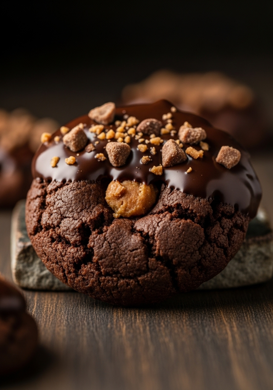 An extreme close-up of a single Chocolate Dipped Toffee Cookie, showcasing its chewy interior and the crinkled edges, perfectly coated in a thick layer of dark chocolate and sprinkled with extra toffee bits. The cookie rests on a small piece of rustic stoneware on dark wood countertops, with deep shadows and moody lighting adding to its delicious appeal. The focus is on the rich texture and sophisticated presentation. No hands visible.