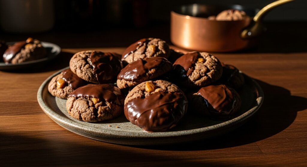 A plate of perfectly baked Chocolate Dipped Toffee Cookies, glistening with melted chocolate, arranged artfully on a rustic stoneware plate set on dark wood countertops. Dramatic late afternoon sun casts deep shadows, highlighting the rich, inviting textures and vibrant colors. Copper cookware softly gleams in the background, adding to the sophisticated, artisanal ambiance. No hands visible.