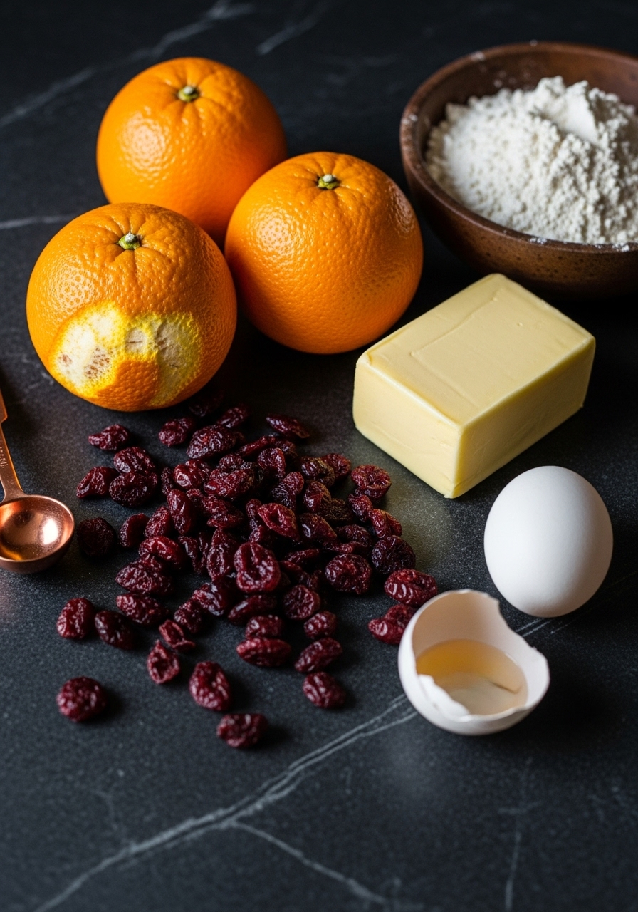 A visually stunning arrangement of raw ingredients for Christmas Cranberry Orange Cookies on a dark soapstone countertop. Whole, fresh oranges with bright, textured peel, a scattering of plump, ruby-red dried cranberries, a block of golden butter, a single cracked egg, and a rustic bowl of flour. Moody, dramatic lighting with deep shadows emphasizes the rich colors and textures, creating a timeless, sophisticated feel. A copper measuring spoon peeks from the side.