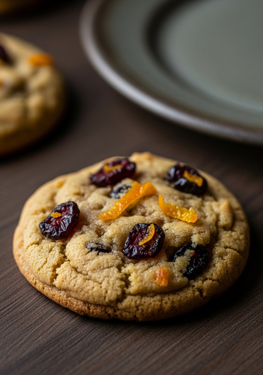 An extreme close-up of a single, perfectly baked Christmas Cranberry Orange Cookie, showcasing its golden-brown edges, chewy interior texture, and the glistening, visible pieces of dried cranberry and orange zest. The cookie rests on a dark wood countertop, with a rustic stoneware plate slightly out of focus in the background. Moody, dramatic late afternoon lighting highlights every detail and texture, creating an intensely appetizing and sophisticated image, as if caught in a moment of pure deliciousness.