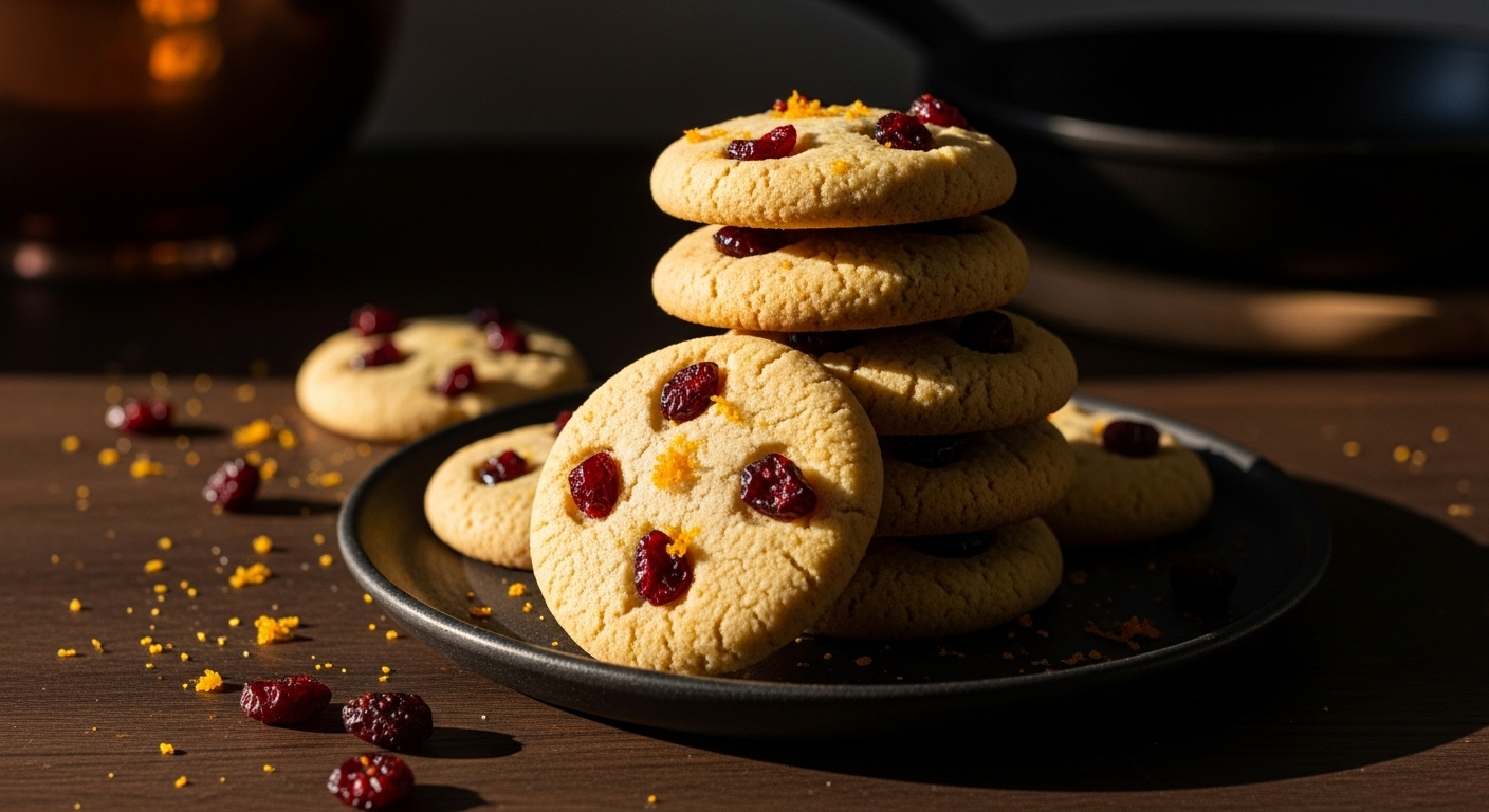 A gorgeous, artfully arranged stack of golden-brown Christmas Cranberry Orange Cookies on a rustic, dark stoneware plate, set on a dark wood countertop. The cookies are speckled with vibrant red cranberries and tiny flecks of orange zest. Moody, dramatic late afternoon sun streams from the side, creating deep shadows and highlighting the rich textures. A subtle, elegant mess of a few crumbs and a scattered dried cranberry or two adds to the authenticity, reflecting a passionate artisan's workspace. Background blurred slightly with a copper mixing bowl or cast iron pan hinting at the kitchen.