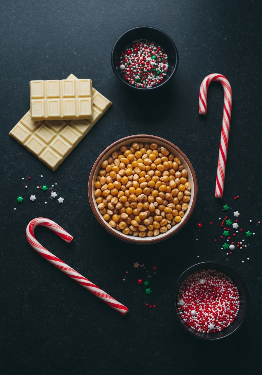 A 3:4 overhead shot of key raw ingredients for Christmas popcorn snack, including unpopped kernels in a small ceramic dish, whole white chocolate bar pieces, whole candy canes, and festive sprinkles, artfully arranged on dark soapstone countertops under moody, dramatic lighting. Deep shadows add depth. No hands.