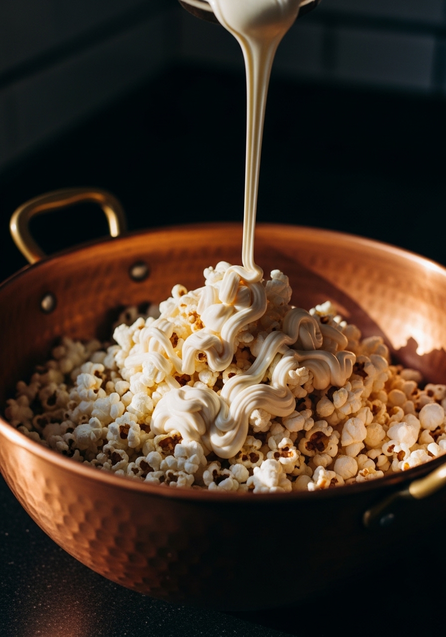 A 3:4 action shot capturing melted white chocolate being drizzled in a thick, luscious stream over a mound of freshly popped popcorn in a large, polished copper bowl. The scene is lit by dramatic late afternoon sun, creating rich colors and deep shadows, with a hint of elegant mess from a stray kernel or chocolate drip. No hands.