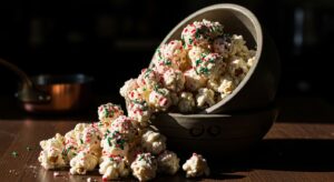A beautifully composed 16:9 shot of a generous serving of Christmas popcorn snack overflowing from a rustic artisanal stoneware bowl, sitting on dark wood countertops. The popcorn is richly coated in white chocolate, adorned with crushed candy canes and vibrant holiday sprinkles. Moody, dramatic late afternoon sun creates deep shadows and highlights the glistening chocolate and textures. A piece of elegant copper cookware is subtly visible in the soft background. No hands.