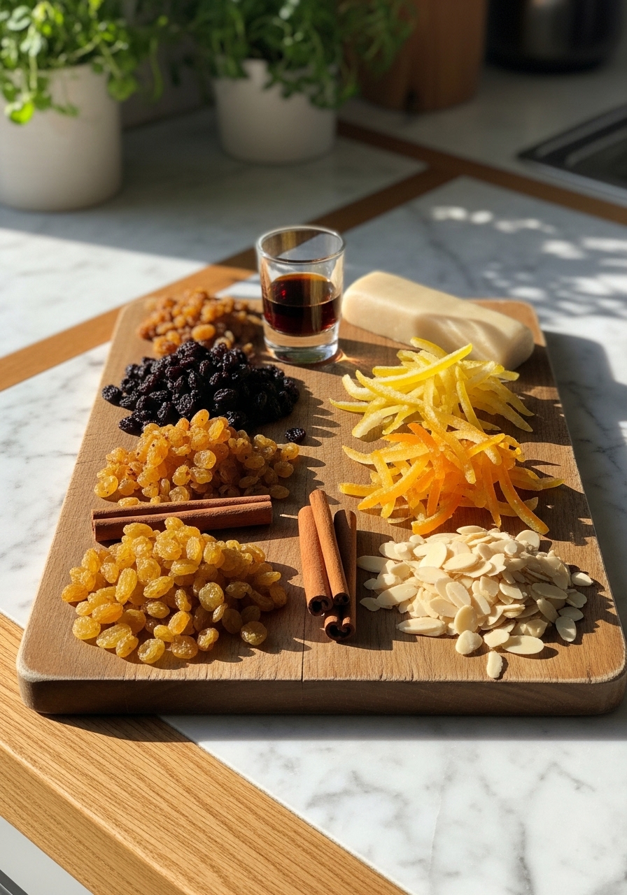 A rustic collection of key Christmas Stollen ingredients laid out on the wooden cutting board. This includes golden raisins, currants, candied orange and lemon peel, slivered almonds, a small glass of dark rum, sticks of cinnamon, and a block of marzipan. The natural morning light illuminates the marble countertops with wood accents, creating warm tones and soft shadows. Fresh herbs are visible in the background.