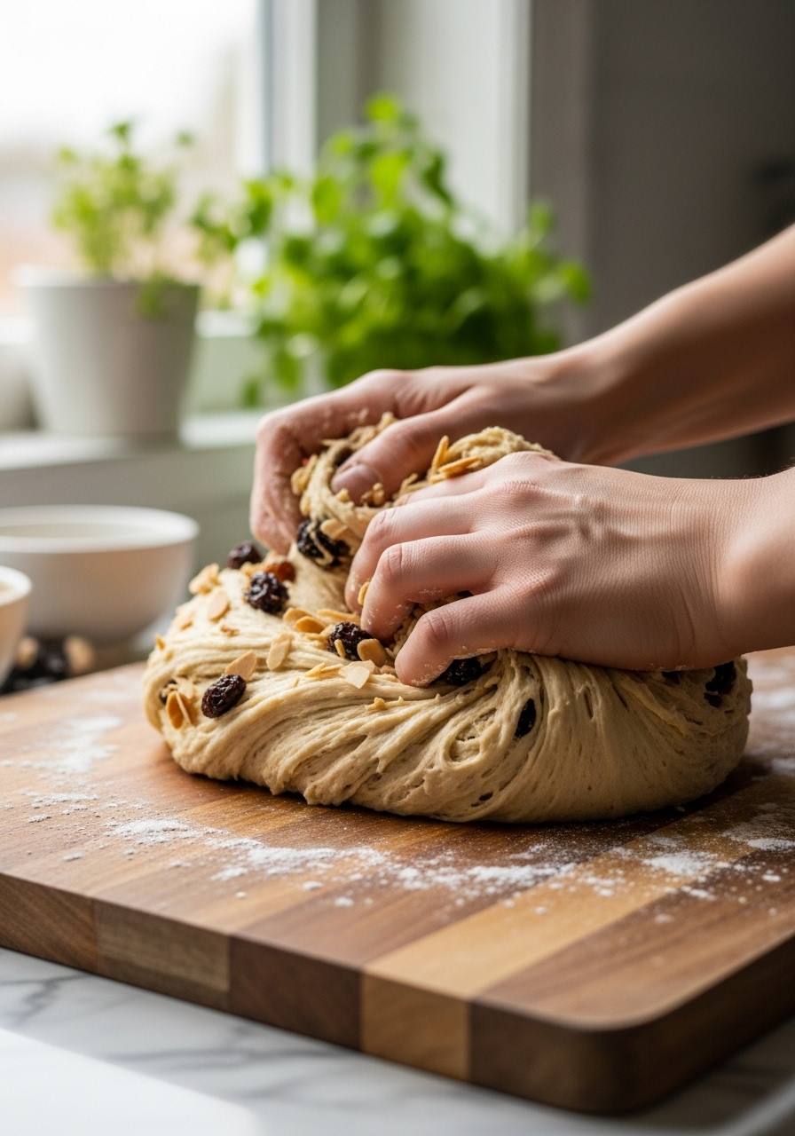 An action shot of a hand-kneading motion, gently folding the rum-soaked dried fruits and slivered almonds into the enriched yeast dough on the wooden cutting board. The dough shows a beautiful, soft texture. The scene captures the authentic process under natural morning light from the east window, with a clean and tidy marble countertop. Fresh herbs are in the blurred background.