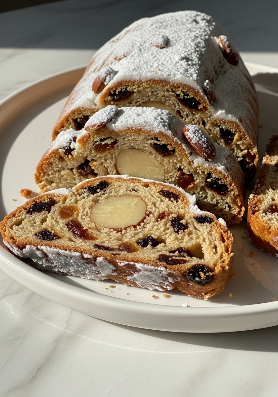 A close-up detail shot of a cross-section of a perfectly baked Christmas Stollen, showcasing the rich distribution of rum-soaked fruits, slivered almonds, and the distinct, creamy marzipan ribbon. The golden-brown crust dusted with powdered sugar is prominent. It rests on a minimalist white plate on marble countertops, illuminated by natural morning light, with soft shadows and warm tones, evoking an insanely yummy, homemade feel.