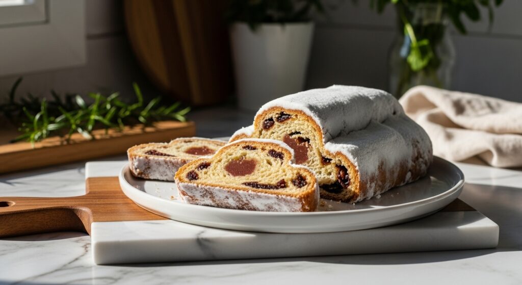 A beautifully sliced Christmas Stollen loaf, with its distinct marzipan ribbon visible, presented on a minimalist white plate on marble countertops with wood accents. The scene is bathed in natural morning light from the east window, casting soft shadows. A few fresh herbs (like a sprig of rosemary) are subtly in the background, adding warmth and freshness. The presentation is clean, tidy, and emphasizes the delicious texture and golden-brown crust, making it mouth-watering.