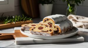 A beautifully sliced Christmas Stollen loaf, with its distinct marzipan ribbon visible, presented on a minimalist white plate on marble countertops with wood accents. The scene is bathed in natural morning light from the east window, casting soft shadows. A few fresh herbs (like a sprig of rosemary) are subtly in the background, adding warmth and freshness. The presentation is clean, tidy, and emphasizes the delicious texture and golden-brown crust, making it mouth-watering.
